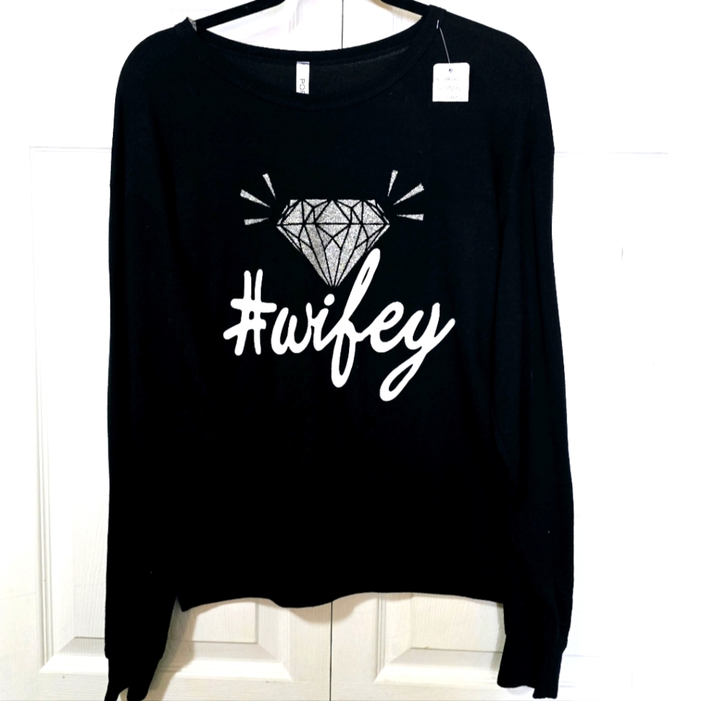 POPTOP Women's Size Large Black & White (#Wifey) Long Sleeve Stretchy Shirt